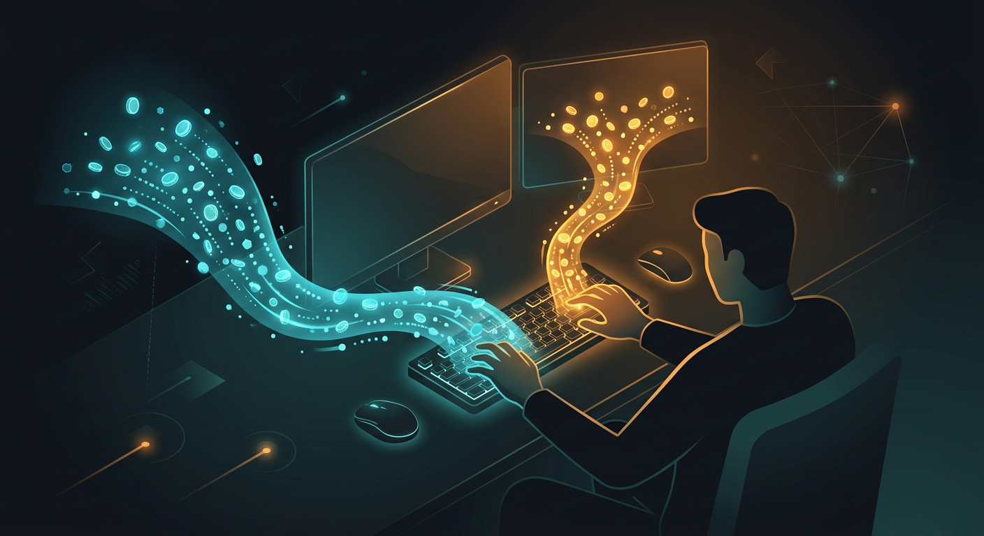 Illustration of ad revenue flowing to a developer at a keyboard, representing a higher 75% revenue share