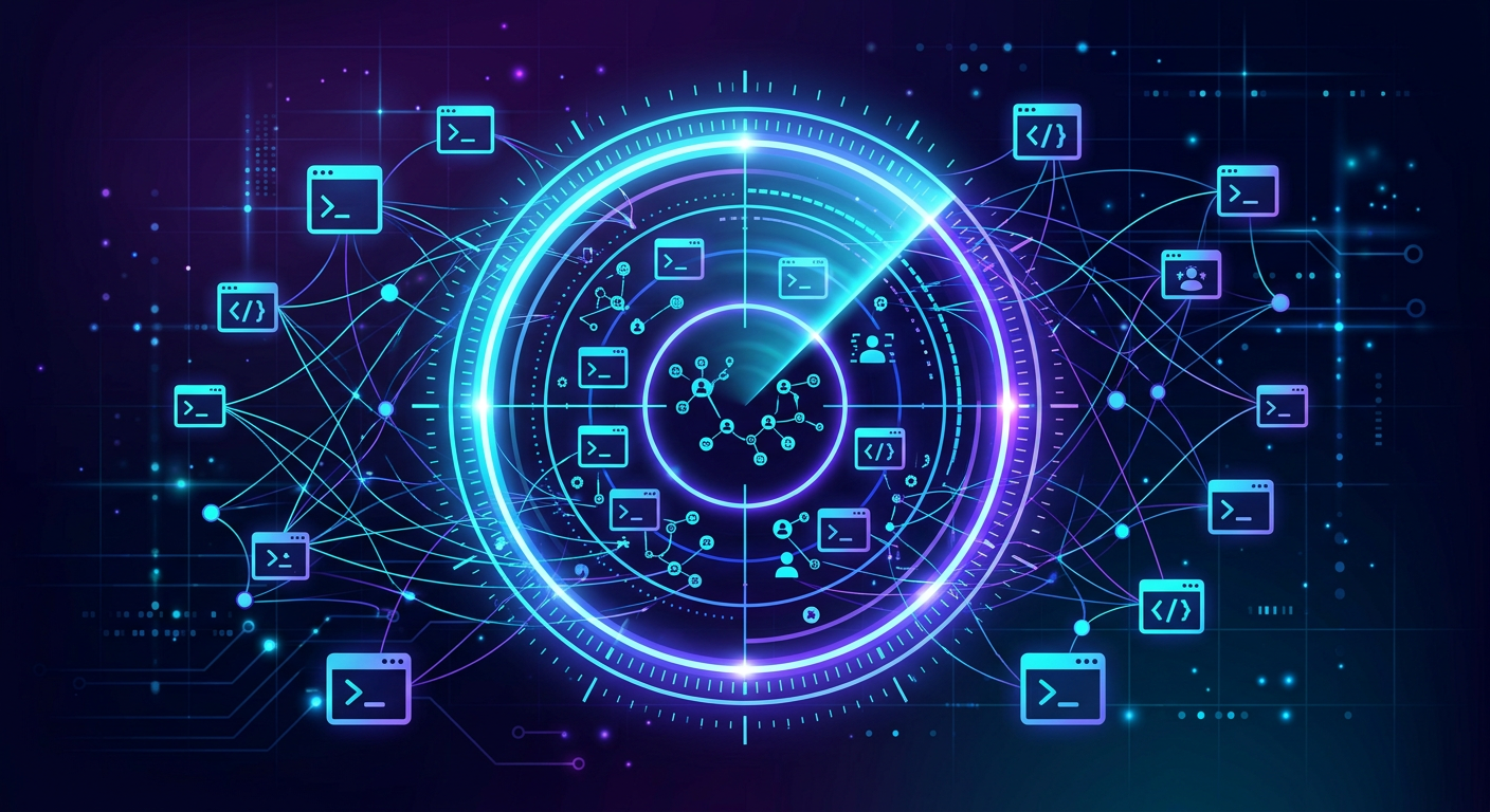 Abstract targeting radar connecting terminal windows and developer nodes, representing audience and geo targeting for developer ads