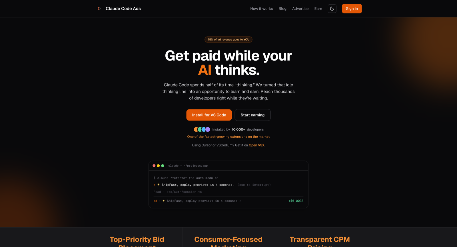 Claude Code Ads homepage showing 75% of ad revenue goes to you and the Get paid while your AI thinks tagline