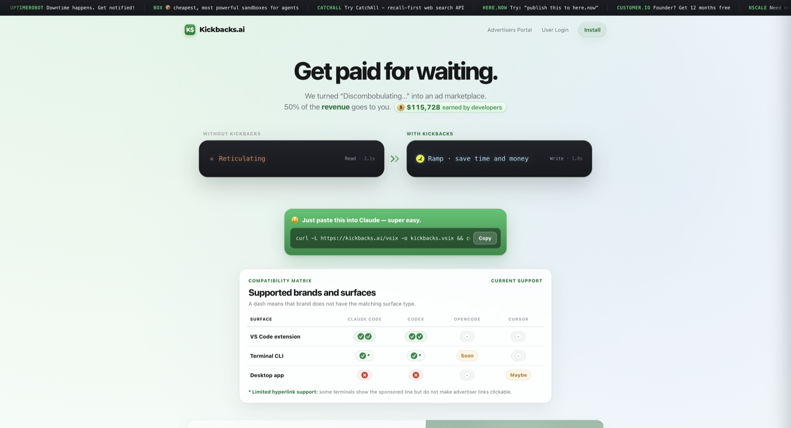 Kickbacks.ai homepage stating 50% of the revenue goes to you, with its Get paid for waiting tagline