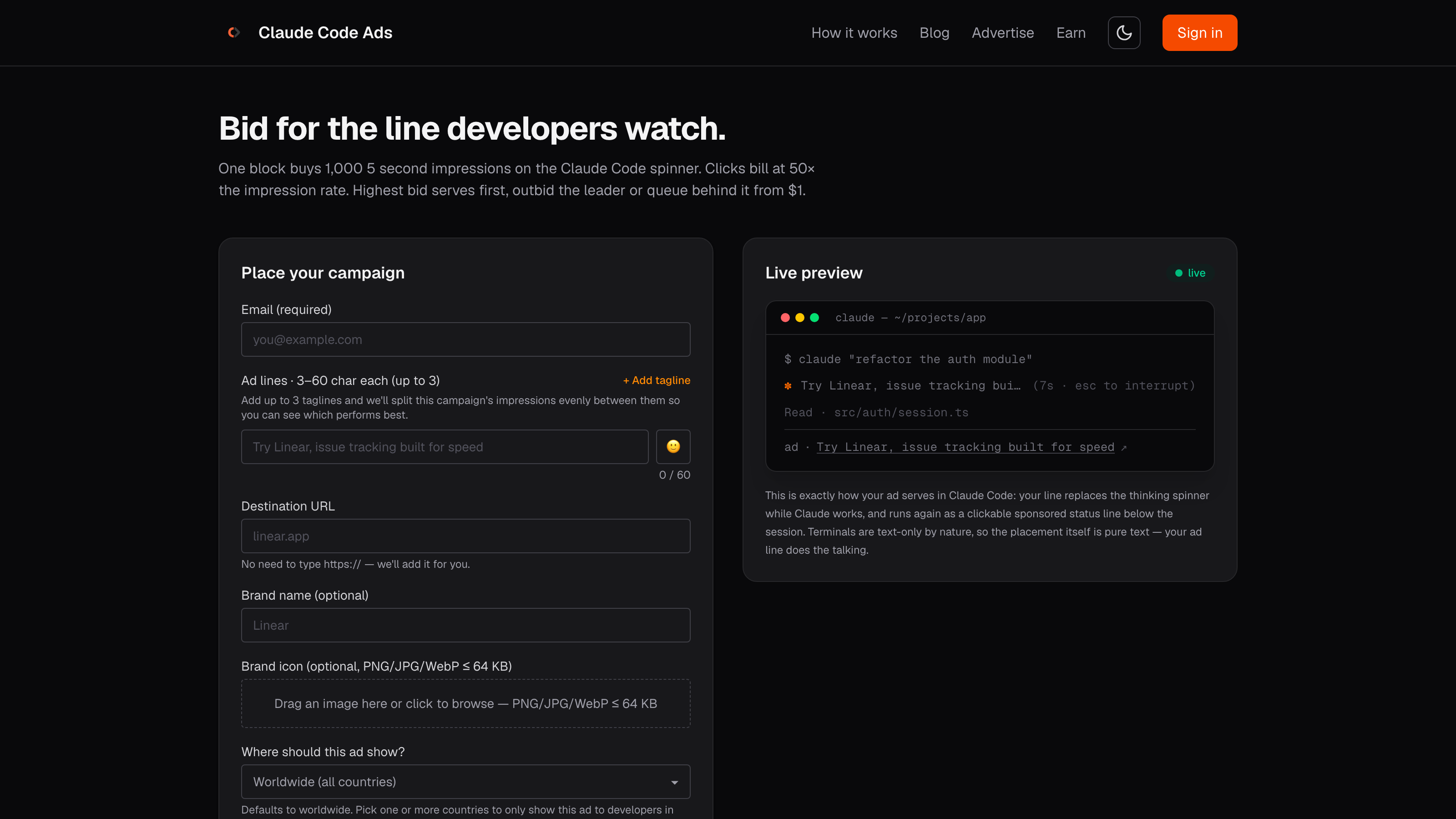 The Claude Code Ads advertise page showing the self-serve campaign form and a live terminal preview of a sponsored status line